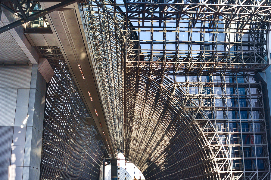 The geometric steel frame roof structure of Kyoto Station Building