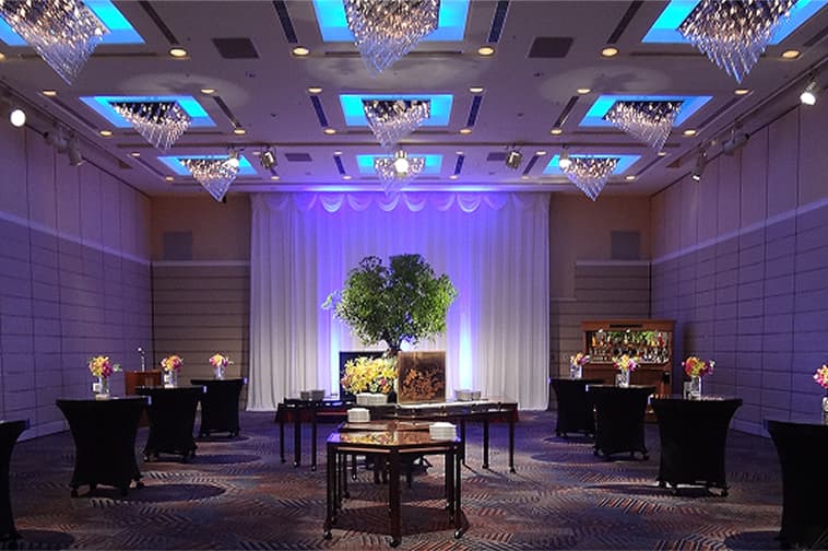 Interior view of a party hall with special lighting effects.