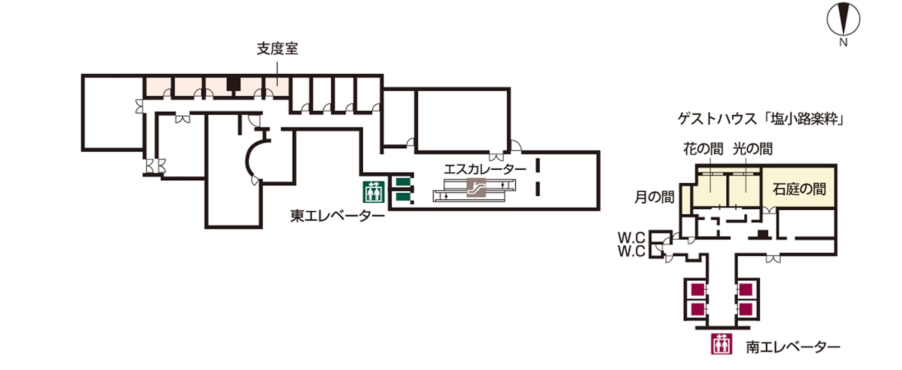 This is a floor map of the 6th floor of Hotel Granvia Kyoto. It shows the guesthouse "Shiokoji Rakusui" and the preparation room.