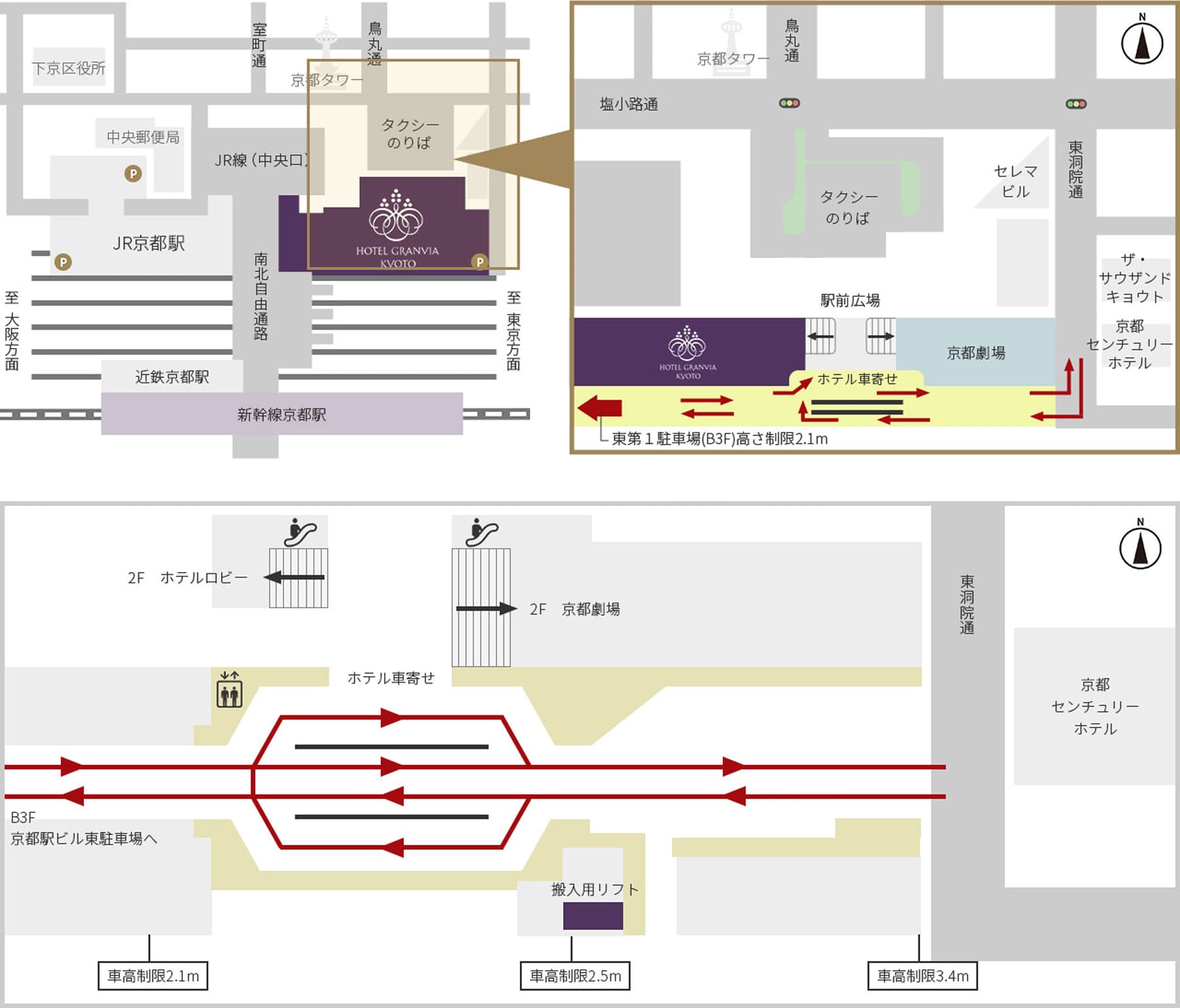 This is a diagram showing the routes for bringing large equipment into Hotel Granvia Kyoto. It consists of a wide-area map and a close-up map. In the close-up map, a red arrow indicates the route from Shiokoji Street, onto the road east of the taxi stand, through the station square, and to the hotel's porte-cochère (loading entrance). It also shows the route from the porte-cochère to the entrance of the ramp leading to the East 1st Parking Lot on the 3rd basement level.