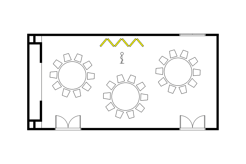 A layout diagram of a banquet hall with three round tables and chairs.