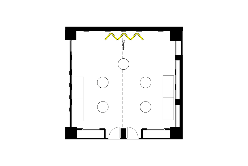 A layout diagram of a banquet hall set up in a buffet style.