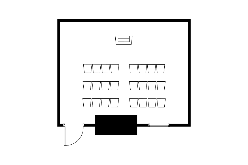 A layout diagram of Conference Rooms set up in Theater style.