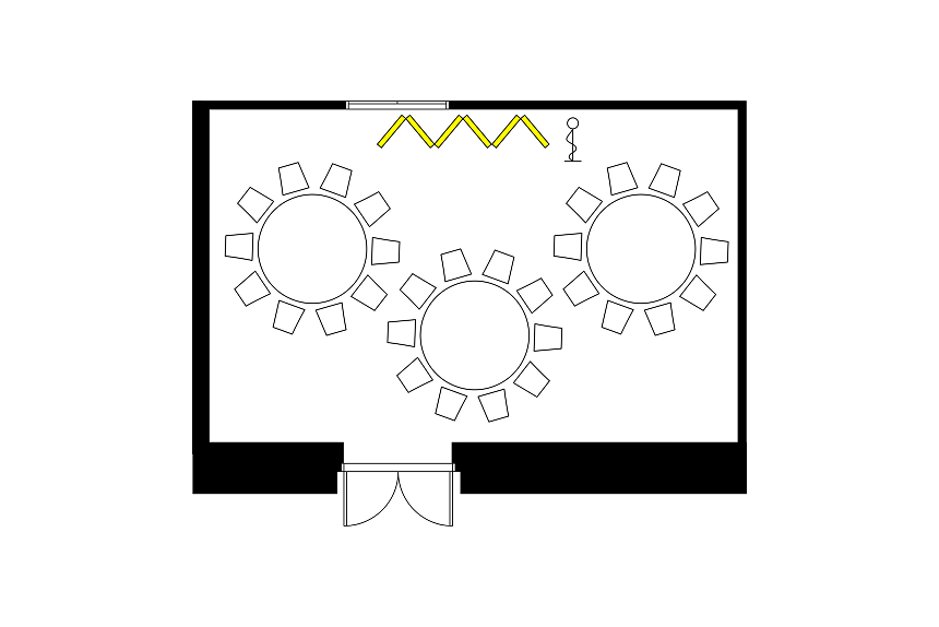 A layout diagram of a banquet hall with three round tables and chairs.