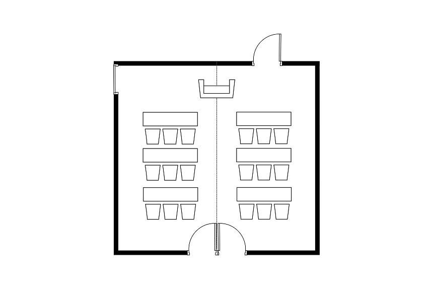 A layout diagram of Conference Rooms set up in School style.