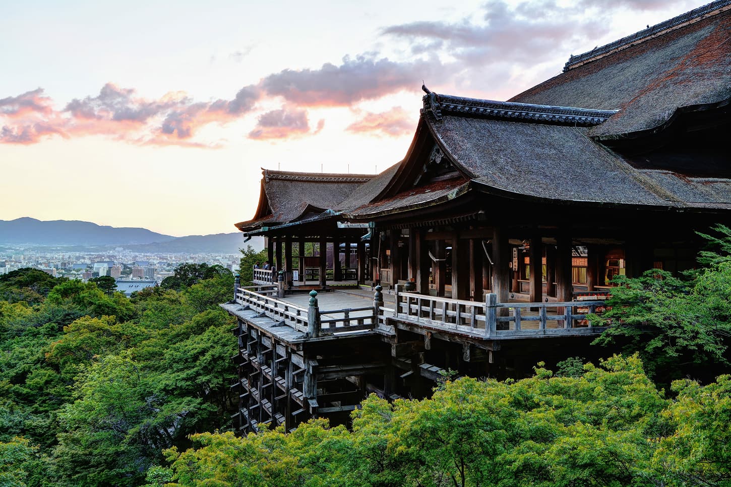 The stage of Kiyomizu-dera Temple and the city of Kyoto at dusk