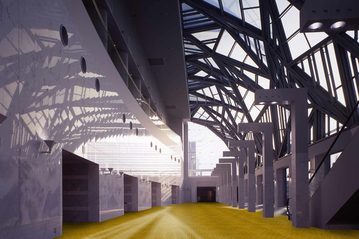 A geometric glass-roofed passageway letting in natural light
