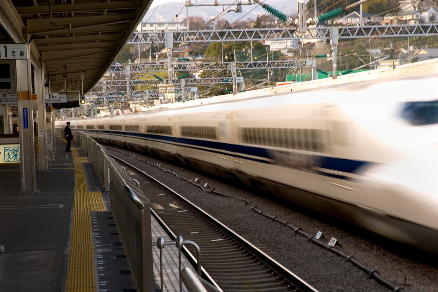 A bullet train speeding along the station platform