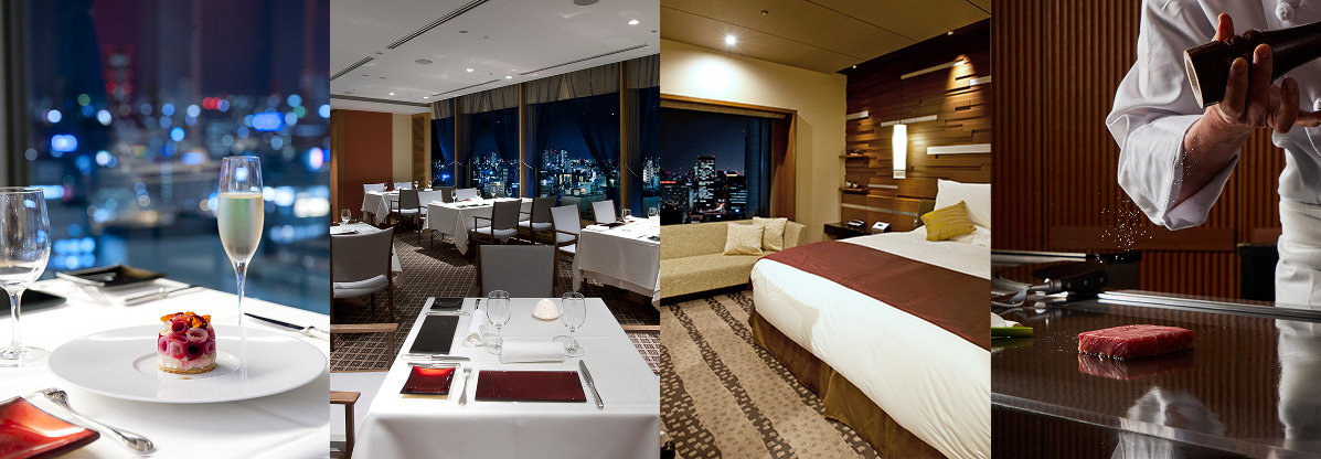 Images of champagne by the glass, a restaurant with a relaxed atmosphere, twin-bedded rooms, and meat dishes.