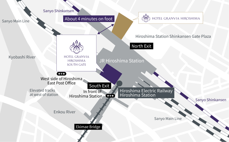 Map of Hiroshima Station area. Hotel Granvia Hiroshima South Gate is located about a 4-minute walk from Hotel Granvia Hiroshima and a short distance from JR Hiroshima Station South. Nearby landmarks include Hiroshima Electric Railway Station and Hiroshima Higashi Post Office.