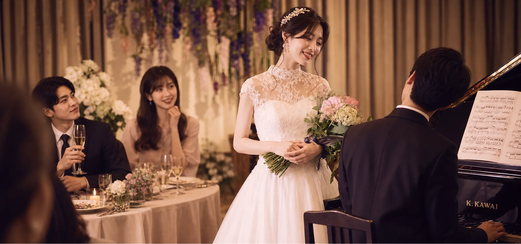 紫色の装飾が施されたテーブルが並ぶ、広々とした結婚披露宴会場です。