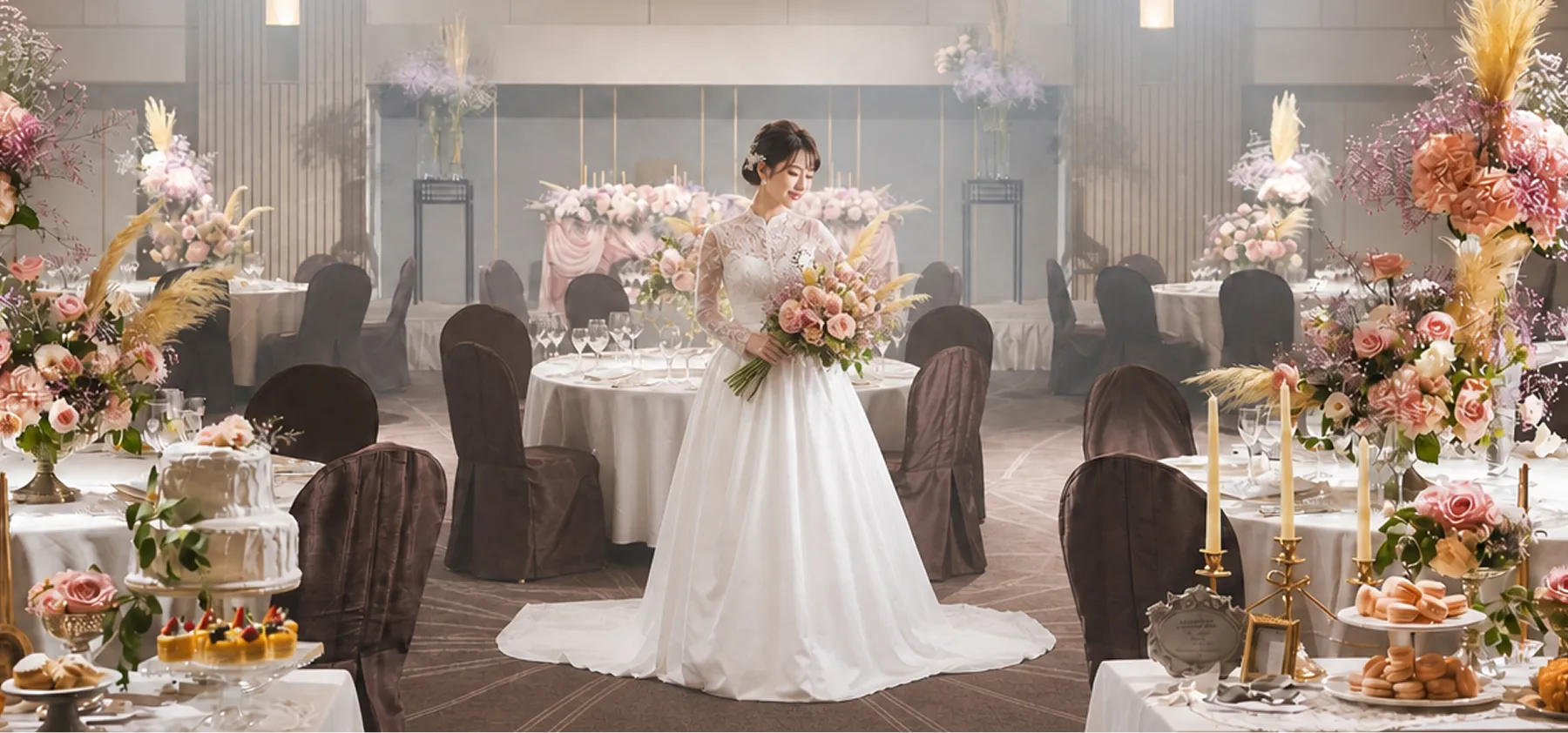 紫色の装飾が施されたテーブルが並ぶ、広々とした結婚披露宴会場です。