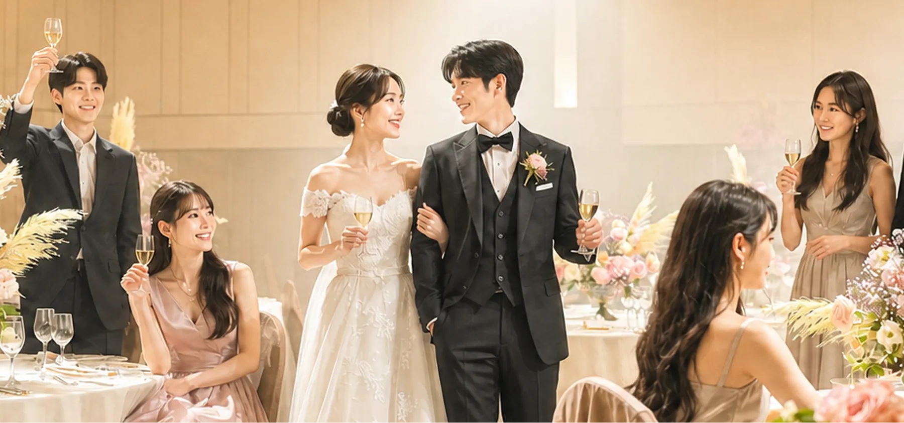 紫色の装飾が施されたテーブルが並ぶ、広々とした結婚披露宴会場です。