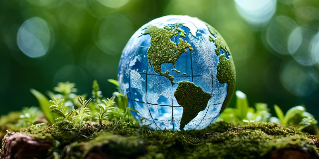 緑豊かな苔の上に置かれたガラスの地球儀。
