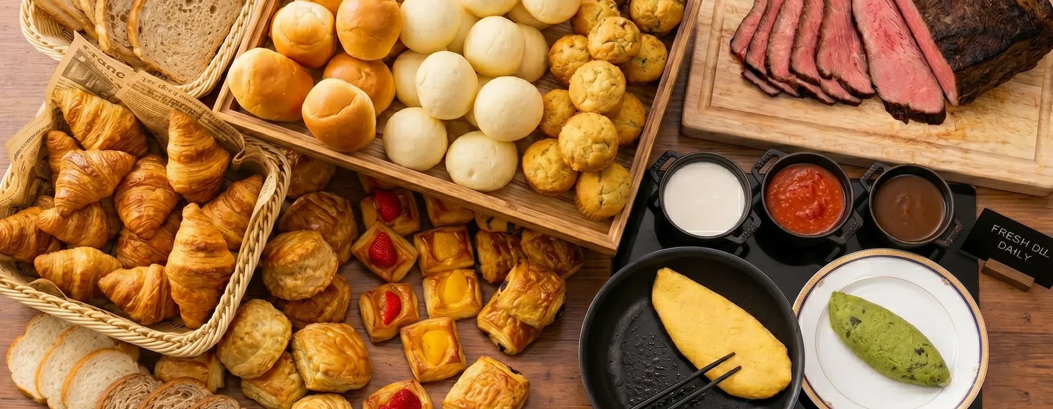 ホテルグランヴィア大阪の朝食ブッフェで提供される、焼きたてパン各種やローストビーフ、オムレツなどが並ぶ華やかなテーブル席のイメージ。