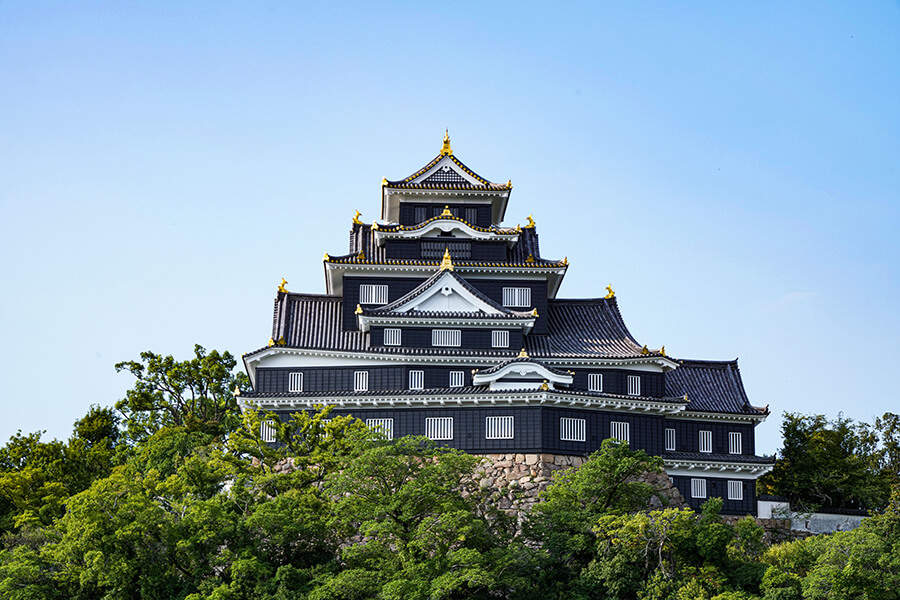 青空に白い雲が広がる中、下から見上げるアングルで撮影された、黒い外壁と金色の装飾が特徴的な重厚感のあるお城の天守閣。