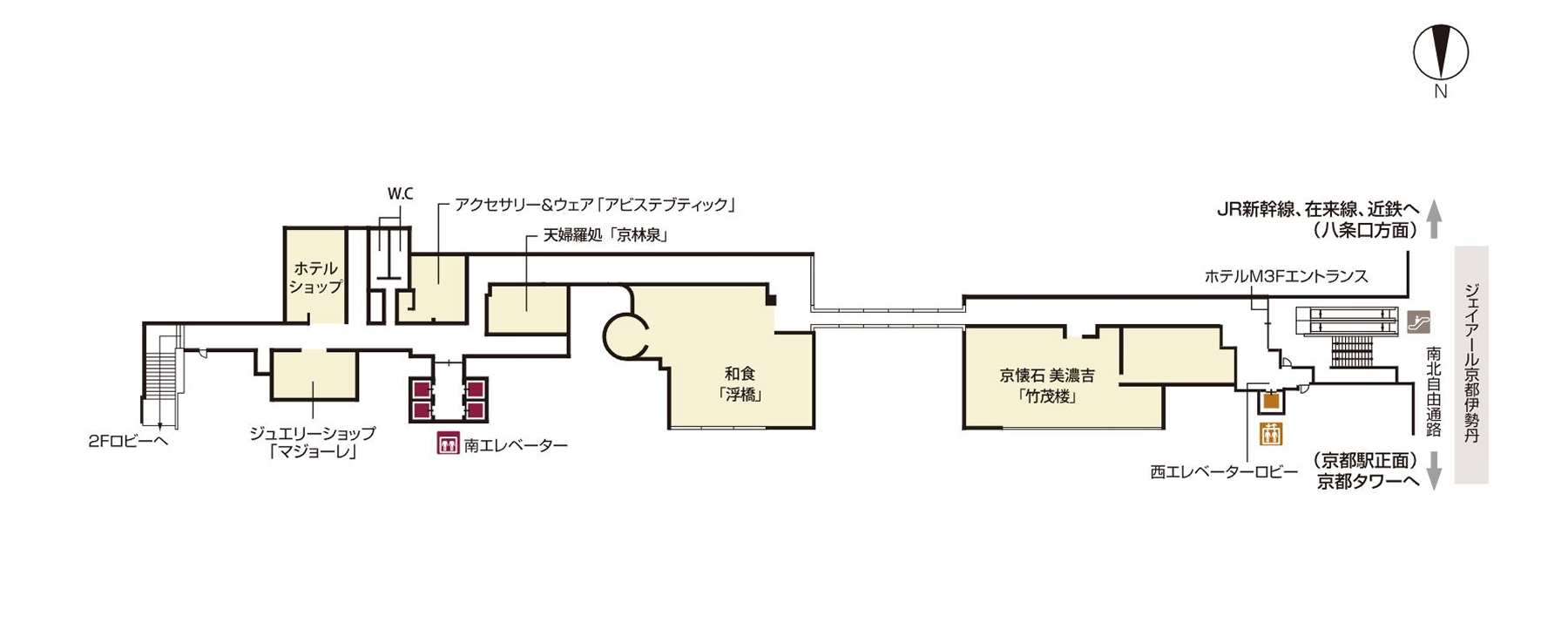 ホテルグランヴィア京都M3階のフロアマップ。レストランやショップ、JRへの通路が描かれています。