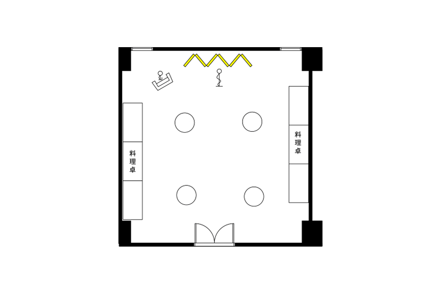以自助餐形式設置的宴會廳的佈局圖。