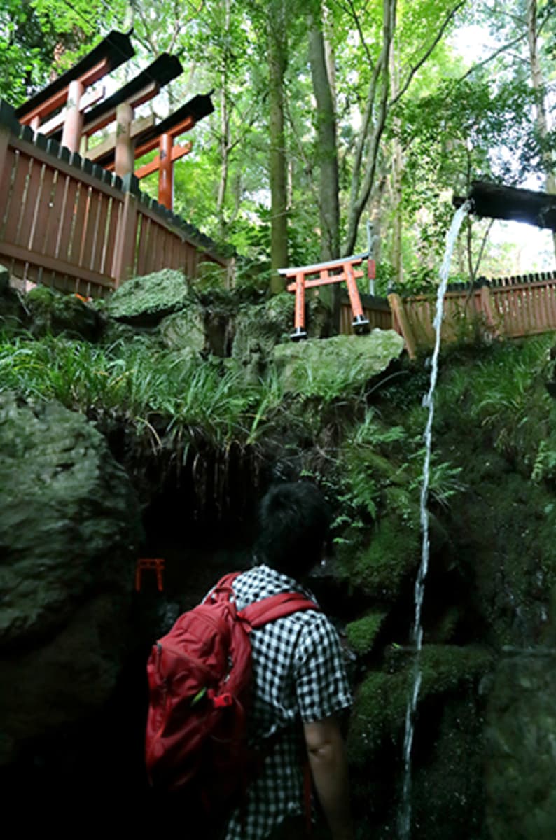 山中の神聖な空間、鳥居と滝行