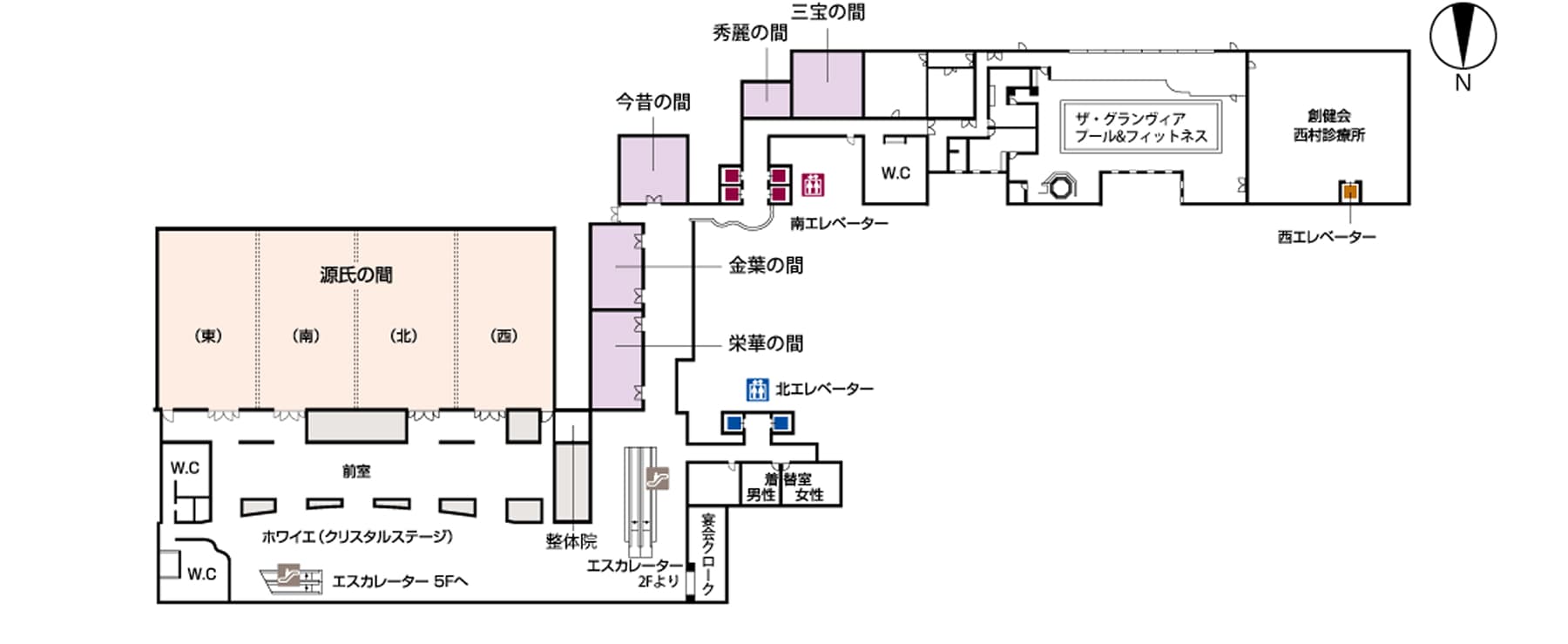 ホテルグランヴィア京都3階のフロアマップ。宴会場「源氏の間」やプール、フィットネス、整骨院などが描かれています。